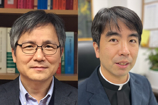 김성돈(왼쪽) 성균관대 로스쿨 교수와 천주교 사회교정사목위원회 위원장 현대일 신부.